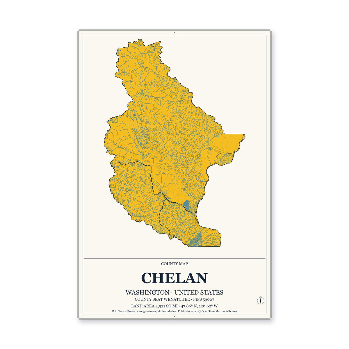 Chelan County, Washington Map Aluminum Sign in Citrine Modern style