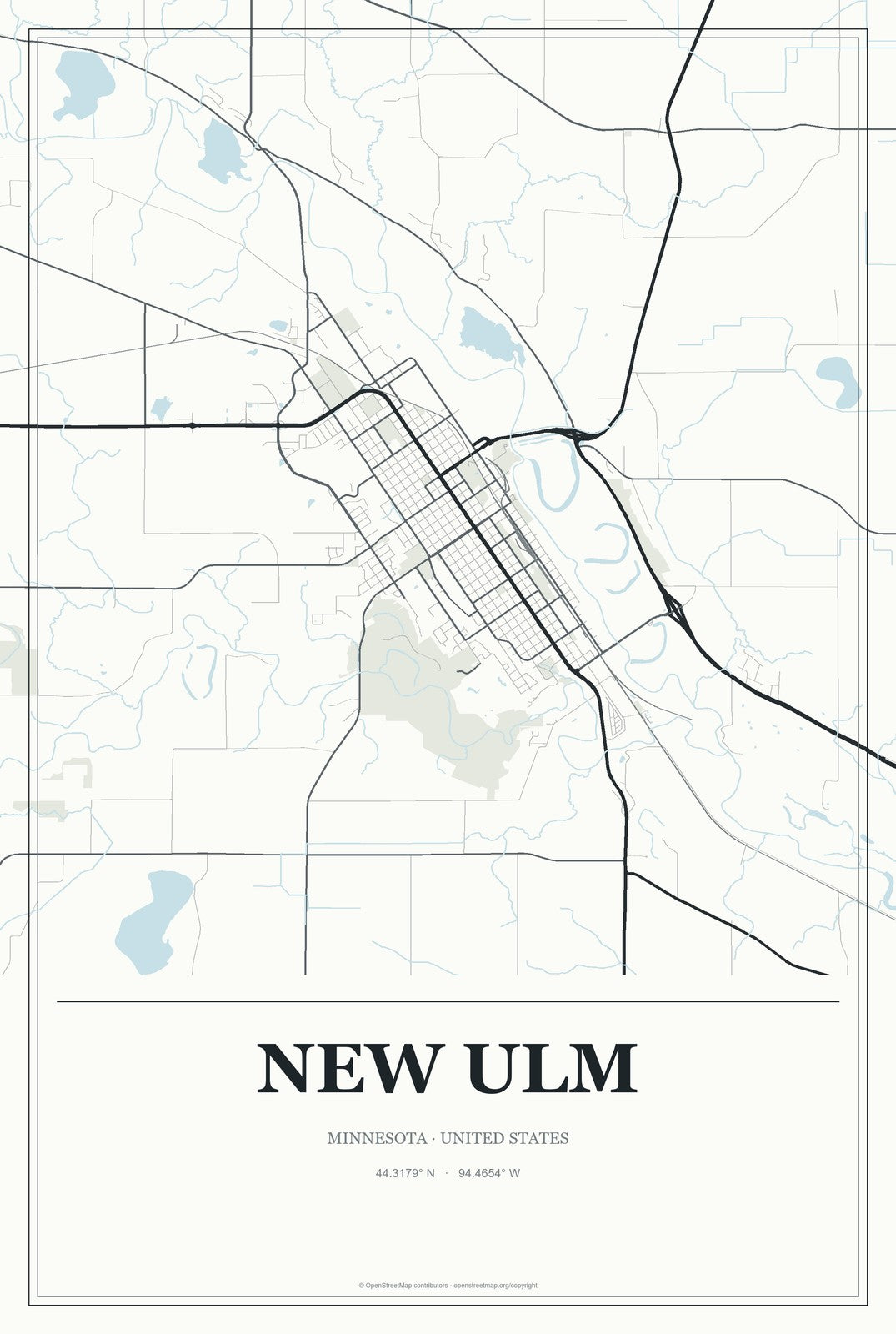 New Ulm, Minnesota City Map Aluminum Sign in Gallery Air style