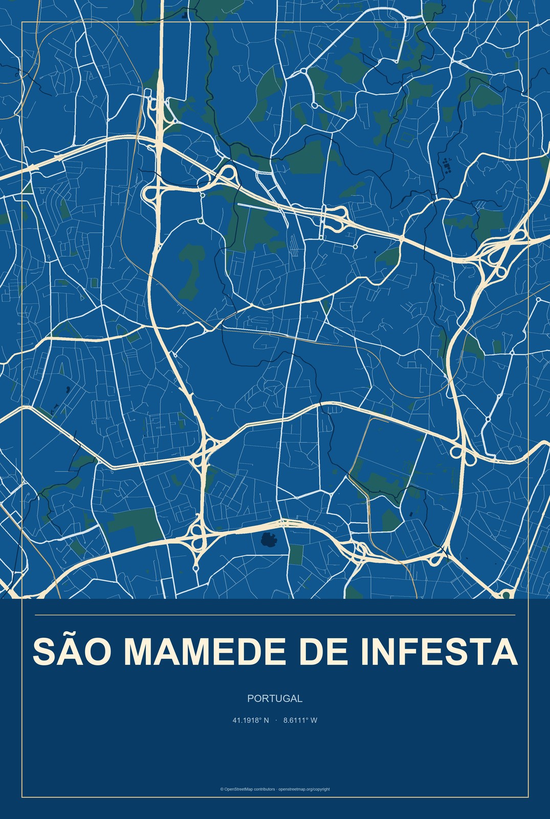 São Mamede de Infesta, Portugal City Map Aluminum Sign in Harbor Cobalt style
