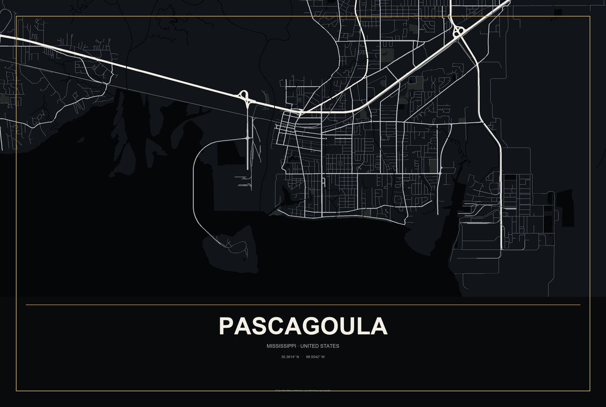 Pascagoula, Mississippi City Map Aluminum Sign in Metropolitan Noir style