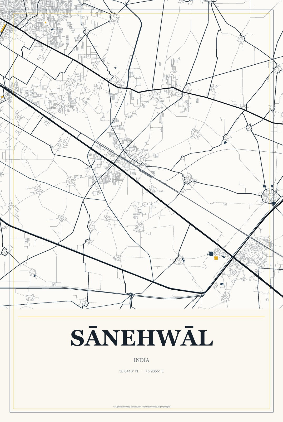 Sānehwāl, India City Map Aluminum Sign in Citrine Modern style