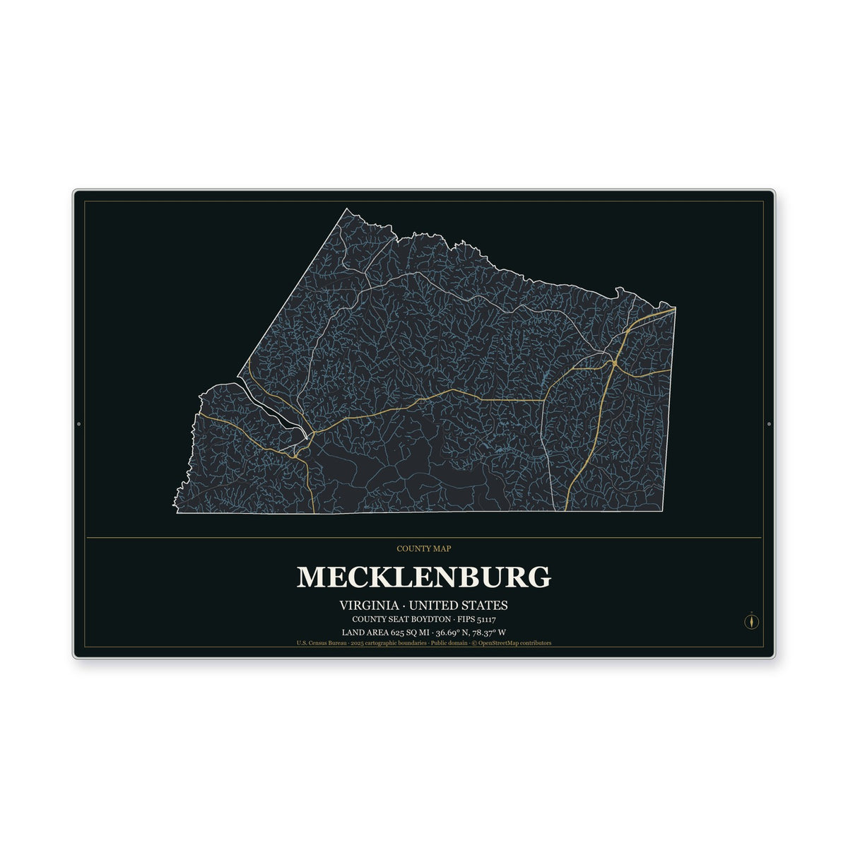 Mecklenburg County, Virginia Map Aluminum Sign in Metropolitan Noir style