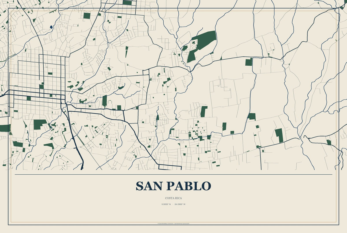 San Pablo, Costa Rica City Map Aluminum Sign in Coastal Cutout style