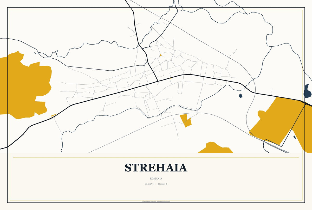 Strehaia, Romania City Map Aluminum Sign in Citrine Modern style