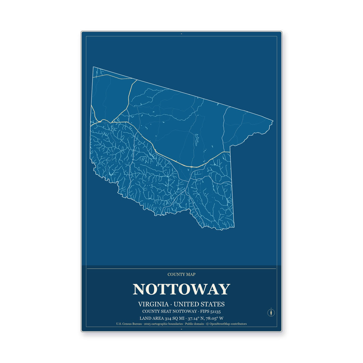 Nottoway County, Virginia Map Aluminum Sign in Harbor Cobalt style