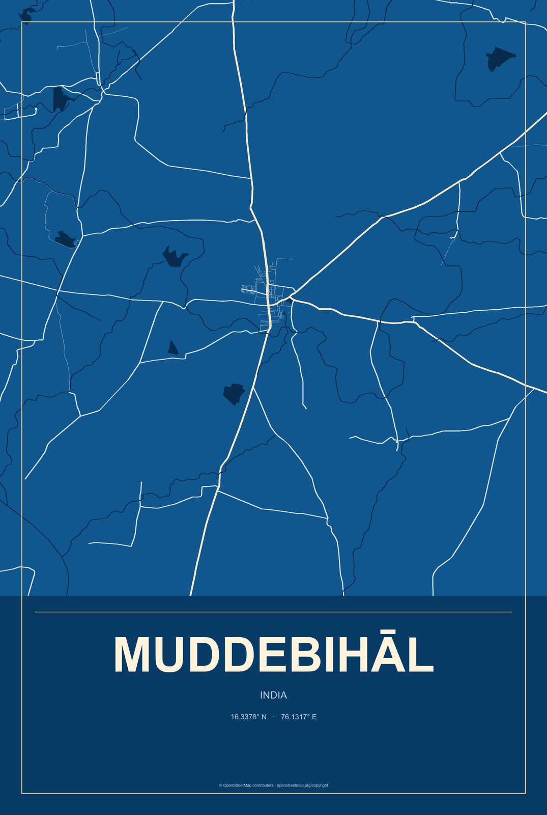 Muddebihāl, India City Map Aluminum Sign in Harbor Cobalt style