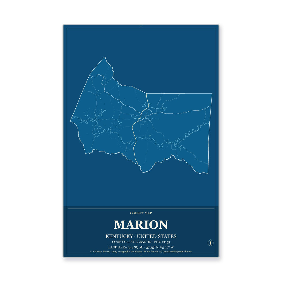 Marion County, Kentucky Map Aluminum Sign in Harbor Cobalt style