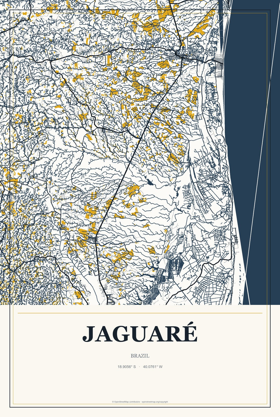 Jaguaré, Brazil City Map Aluminum Sign in Citrine Modern style