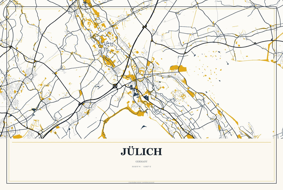 Jülich, Germany City Map Aluminum Sign in Citrine Modern style
