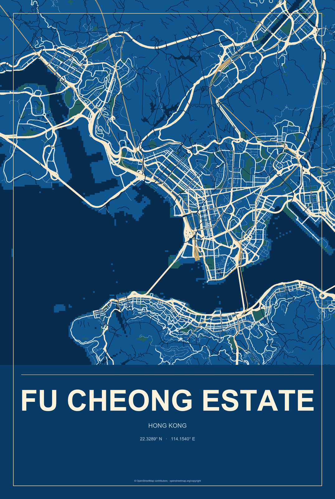 Fu Cheong Estate, Hong Kong City Map Aluminum Sign in Harbor Cobalt style