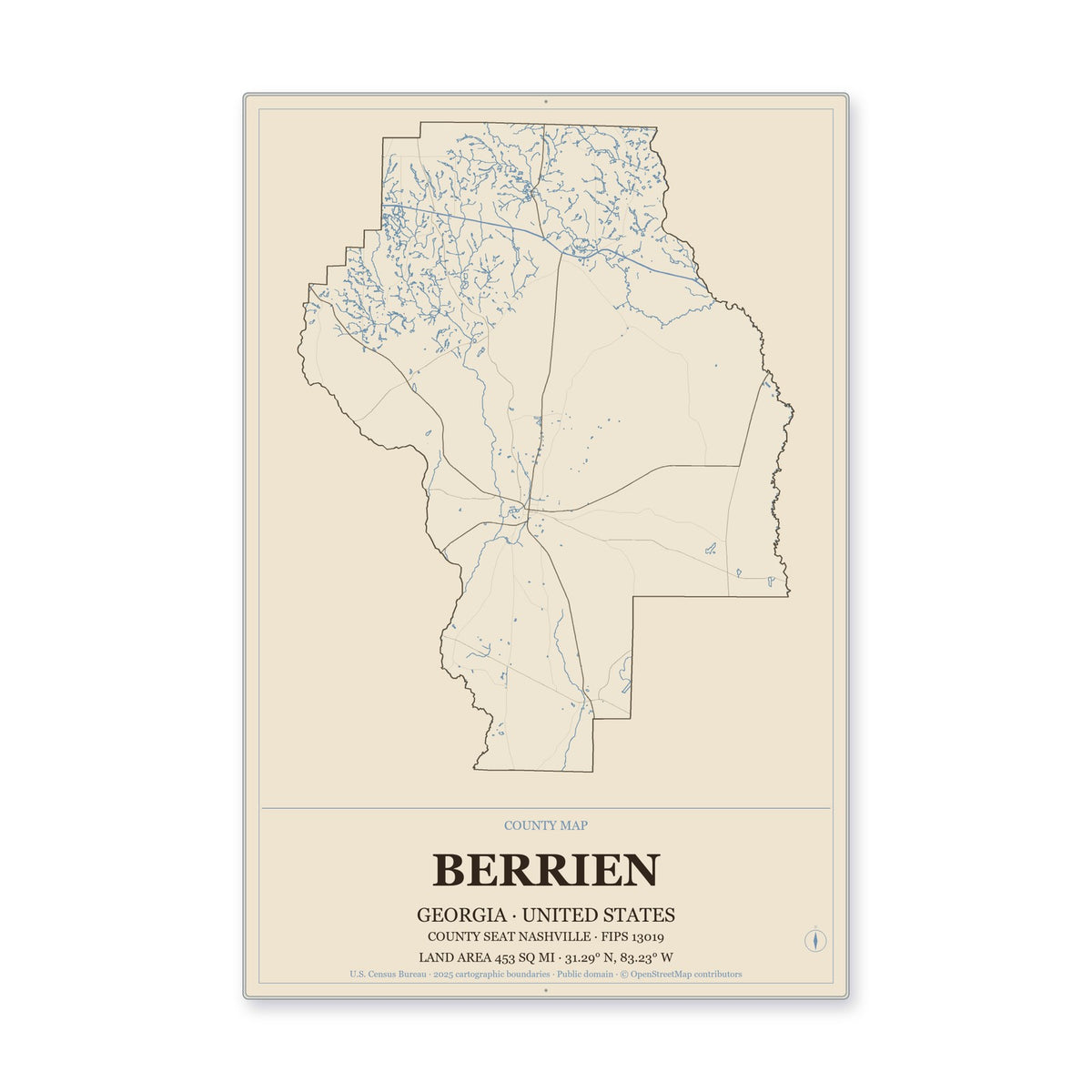 Berrien County, Georgia Map Aluminum Sign in Heritage Nautical style
