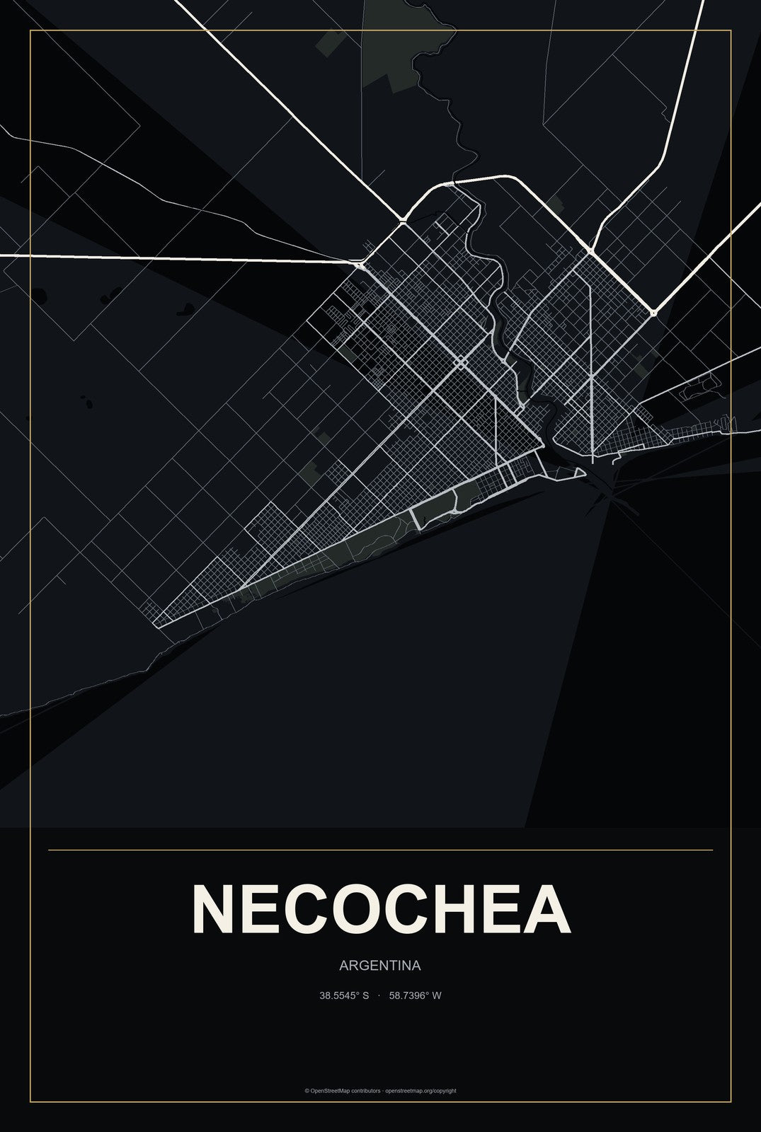 Necochea, Argentina City Map Aluminum Sign in Metropolitan Noir style
