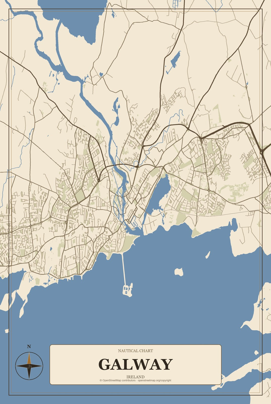 Galway, Ireland City Map Aluminum Sign in Heritage Nautical style