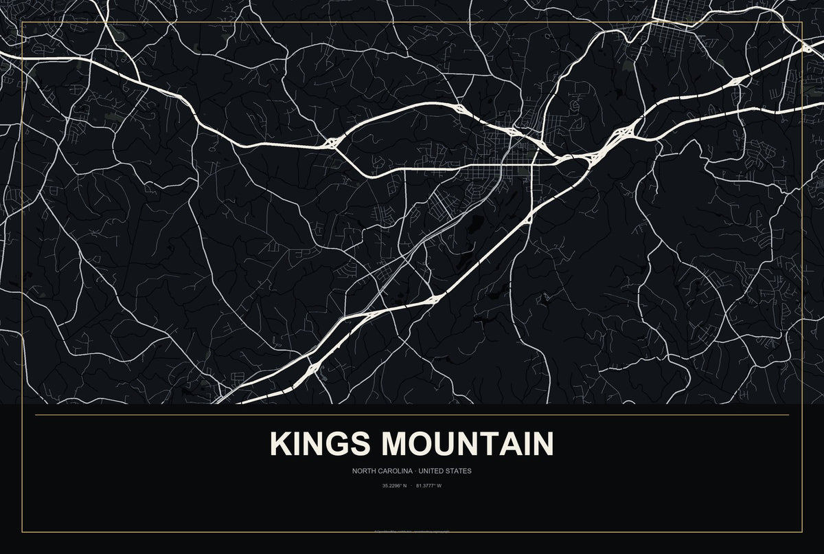 Kings Mountain, North Carolina City Map Aluminum Sign in Metropolitan Noir style