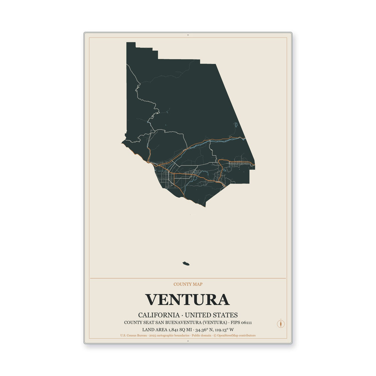 Ventura County, California Map Aluminum Sign in Headline Atlas style