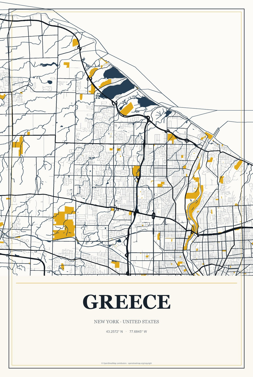 Greece, New York City Map Aluminum Sign in Citrine Modern style