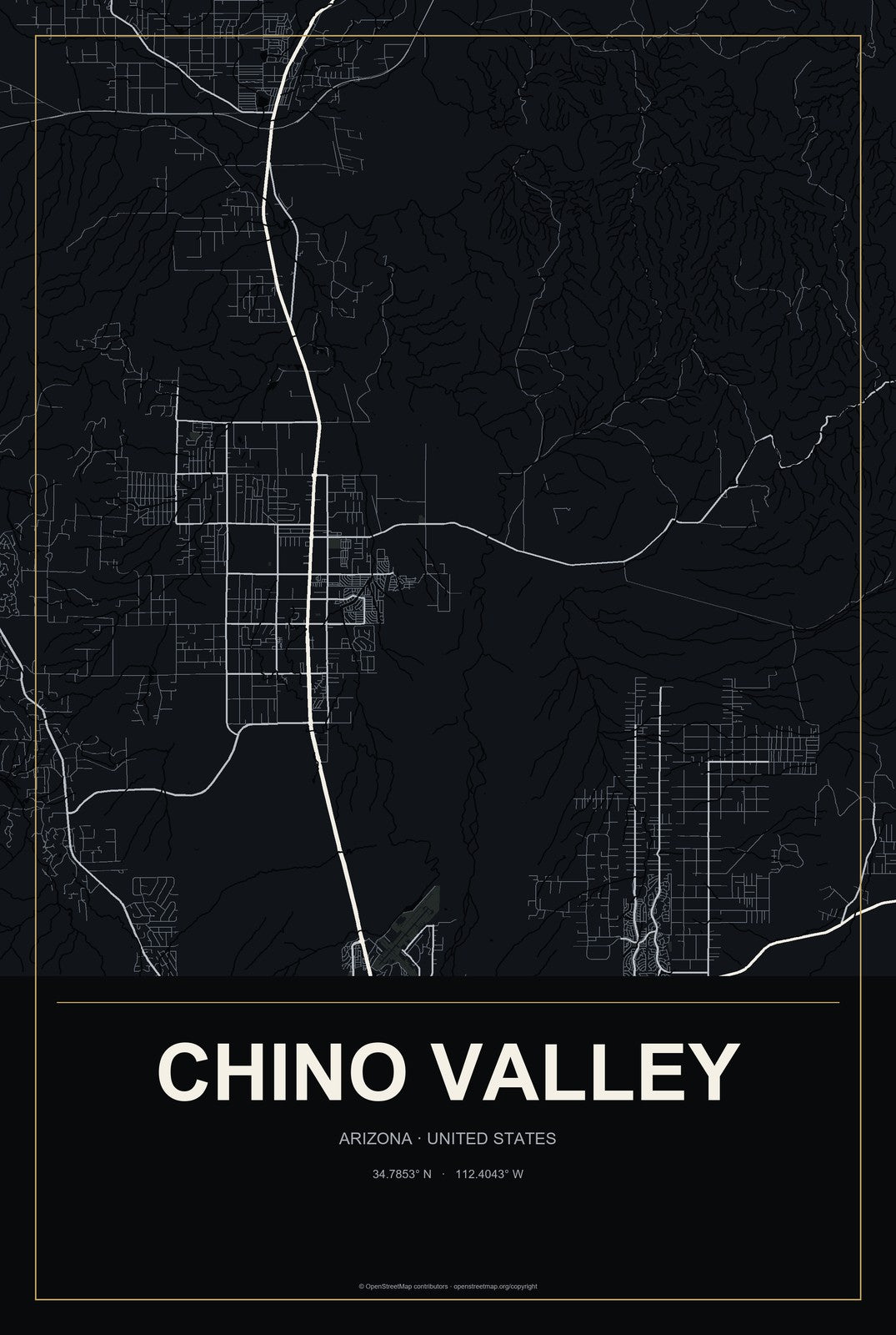 Chino Valley, Arizona City Map Aluminum Sign in Metropolitan Noir style