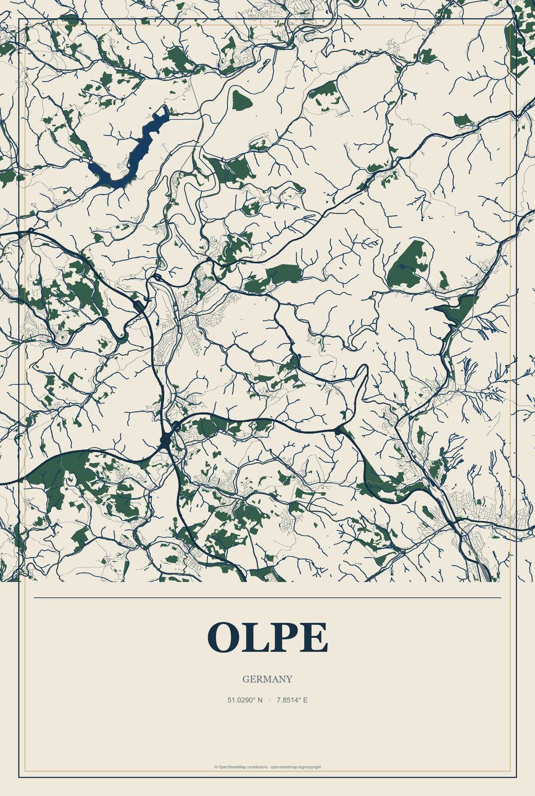 Olpe, Germany City Map Aluminum Sign in Coastal Cutout style