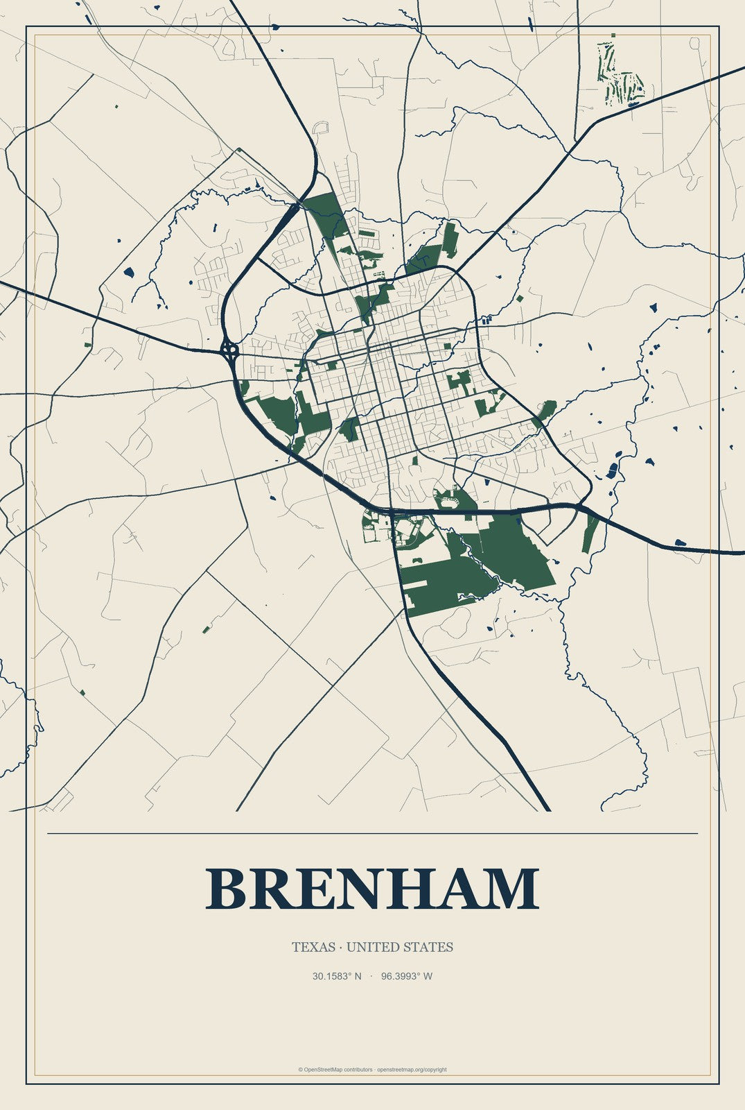 Brenham, Texas City Map Aluminum Sign in Coastal Cutout style