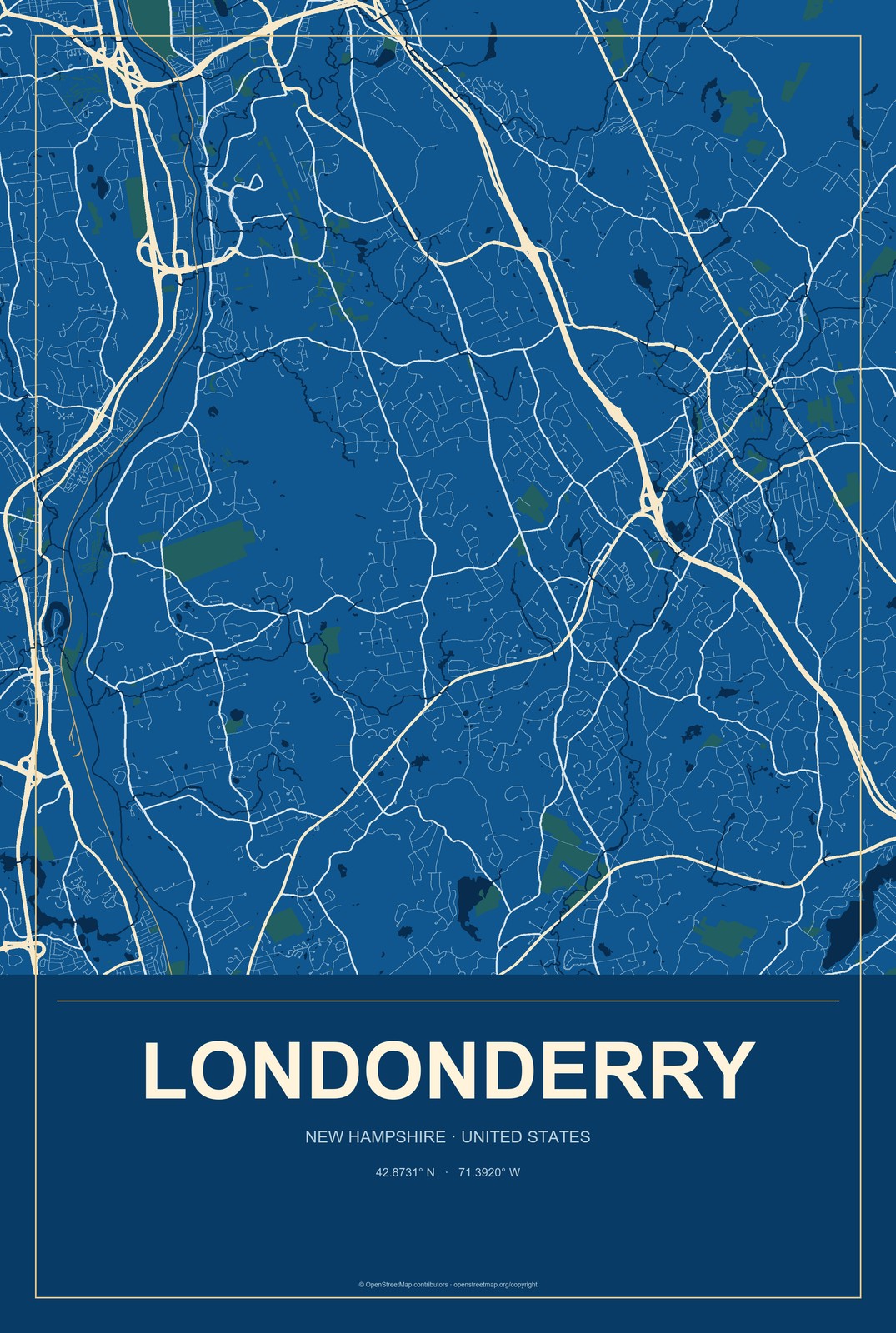Londonderry, New Hampshire City Map Aluminum Sign in Harbor Cobalt style