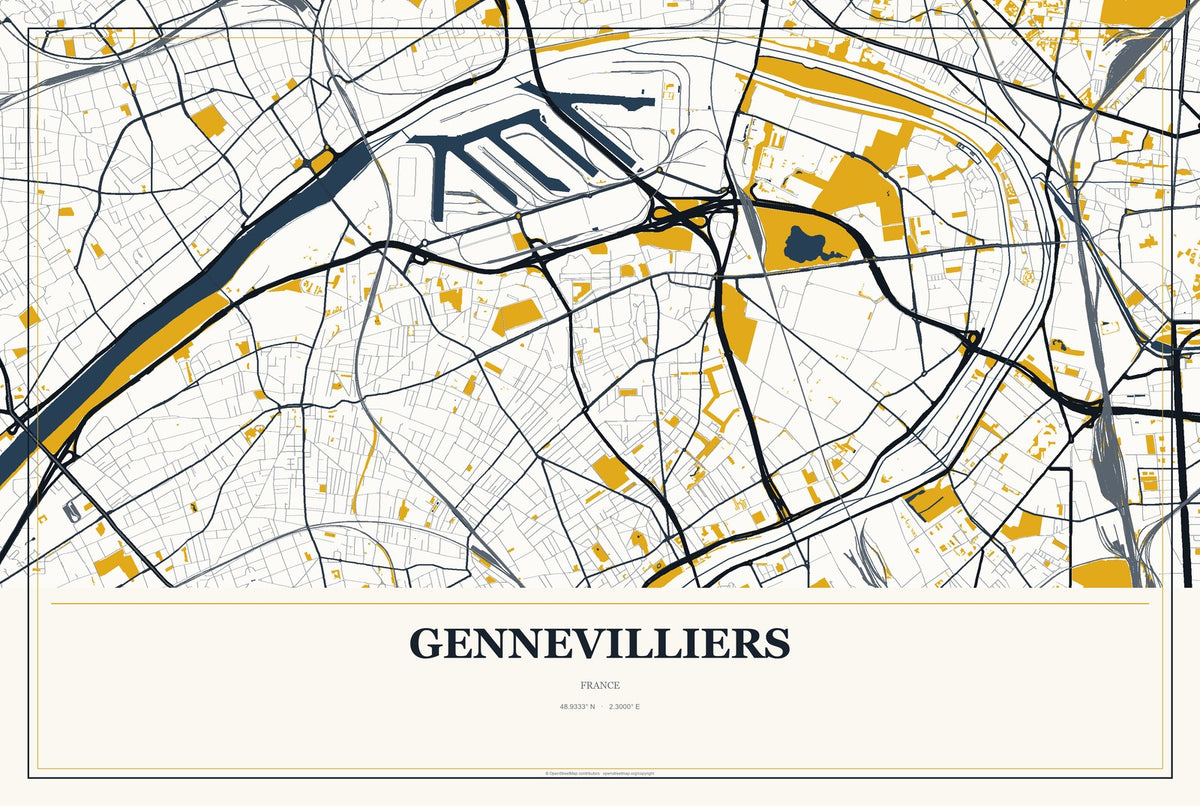 Gennevilliers, France City Map Aluminum Sign in Citrine Modern style