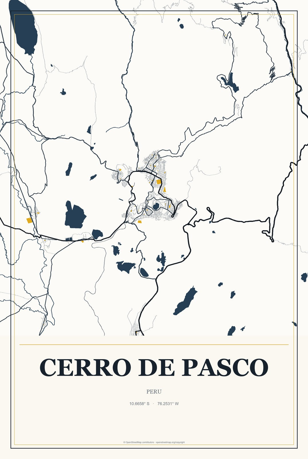 Cerro de Pasco, Peru City Map Aluminum Sign in Citrine Modern style