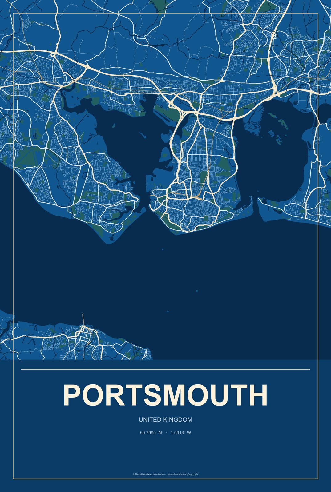 Portsmouth, United Kingdom City Map Aluminum Sign in Harbor Cobalt style