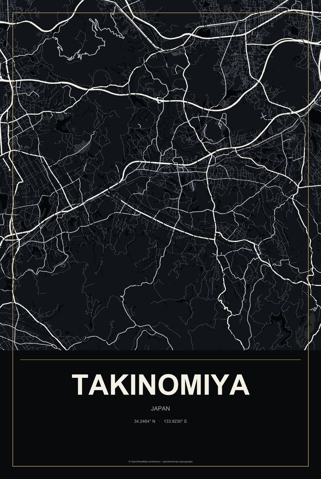 Takinomiya, Japan City Map Aluminum Sign in Metropolitan Noir style