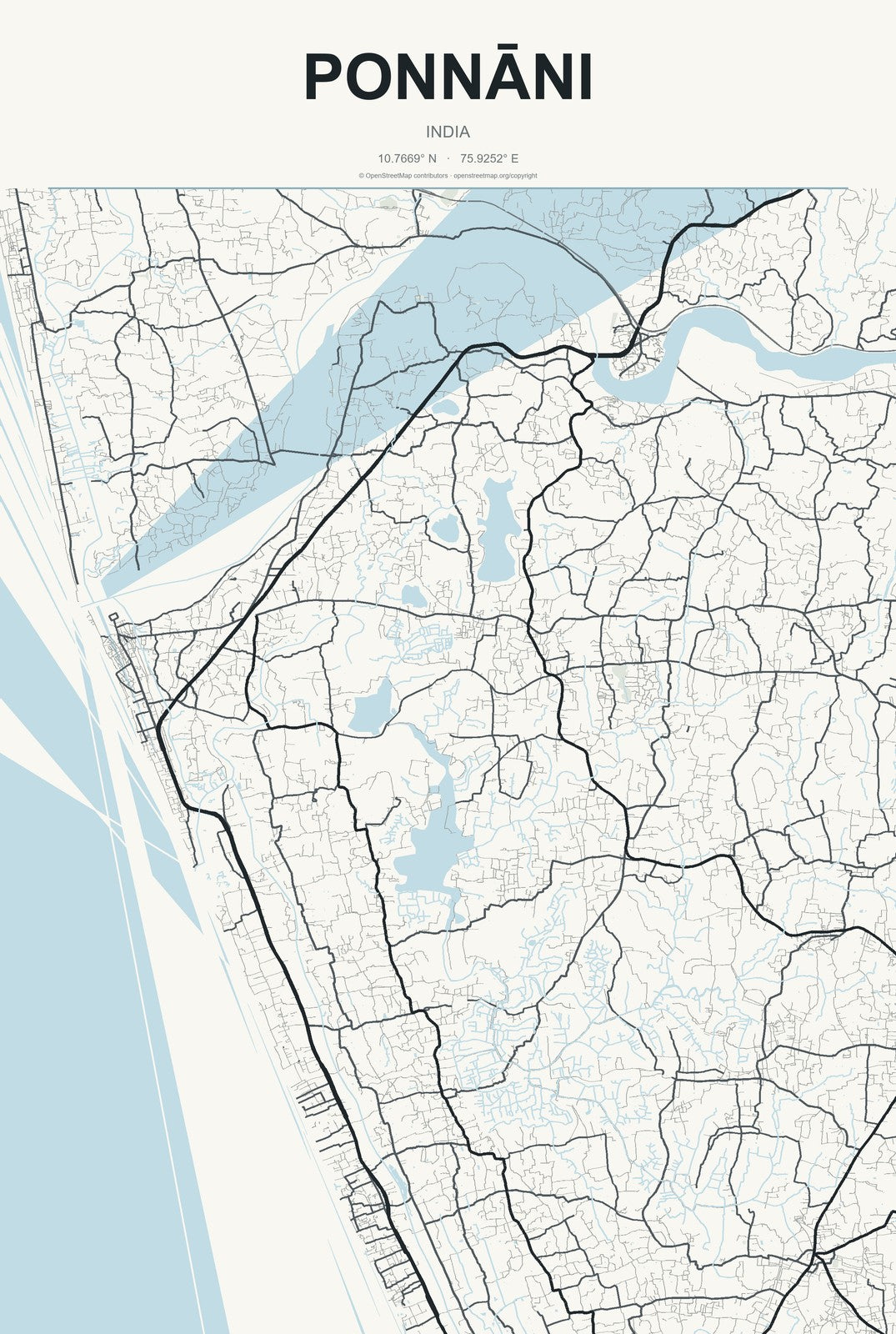Ponnāni, India City Map Aluminum Sign in Headline Atlas style
