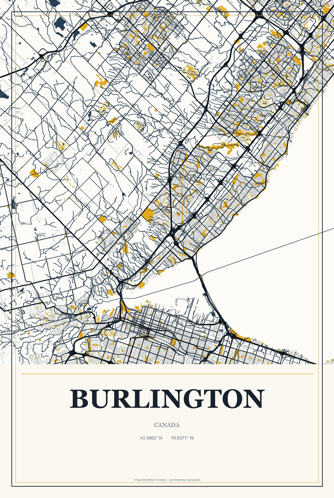 Burlington, Canada City Map Aluminum Sign in Citrine Modern style