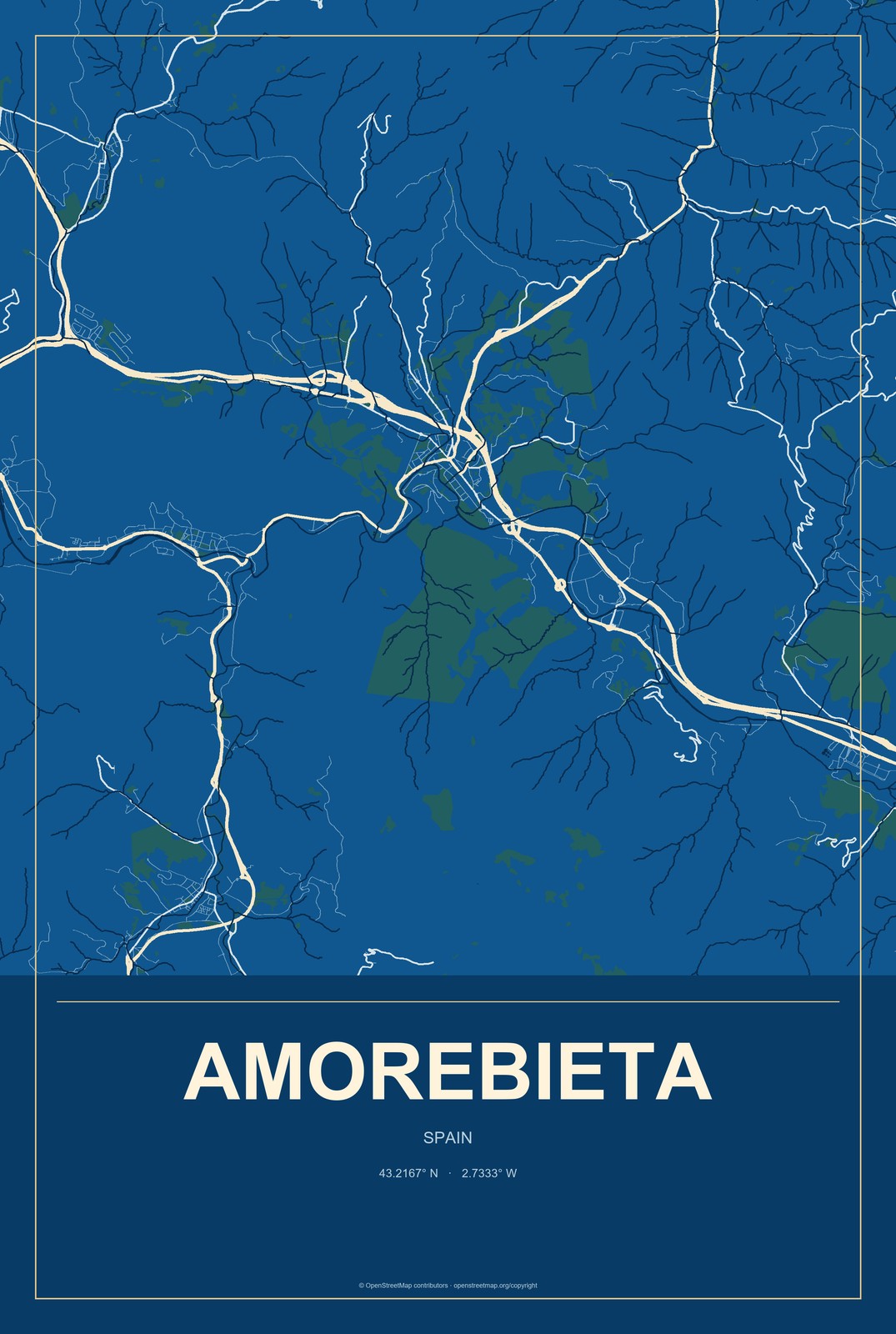 Amorebieta, Spain City Map Aluminum Sign in Harbor Cobalt style