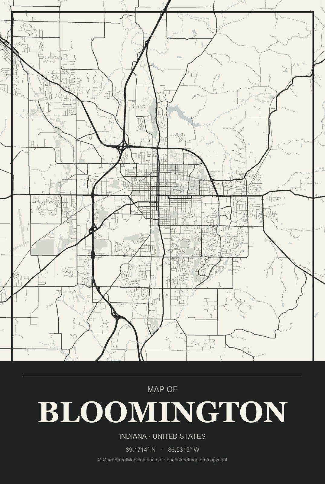 Bloomington, Indiana City Map Aluminum Sign in Museum Plaque style