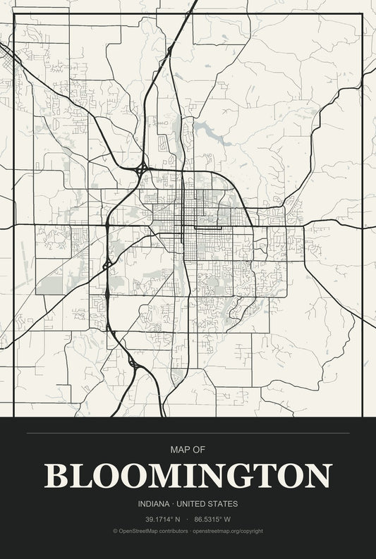 Bloomington, Indiana City Map Aluminum Sign in Museum Plaque style