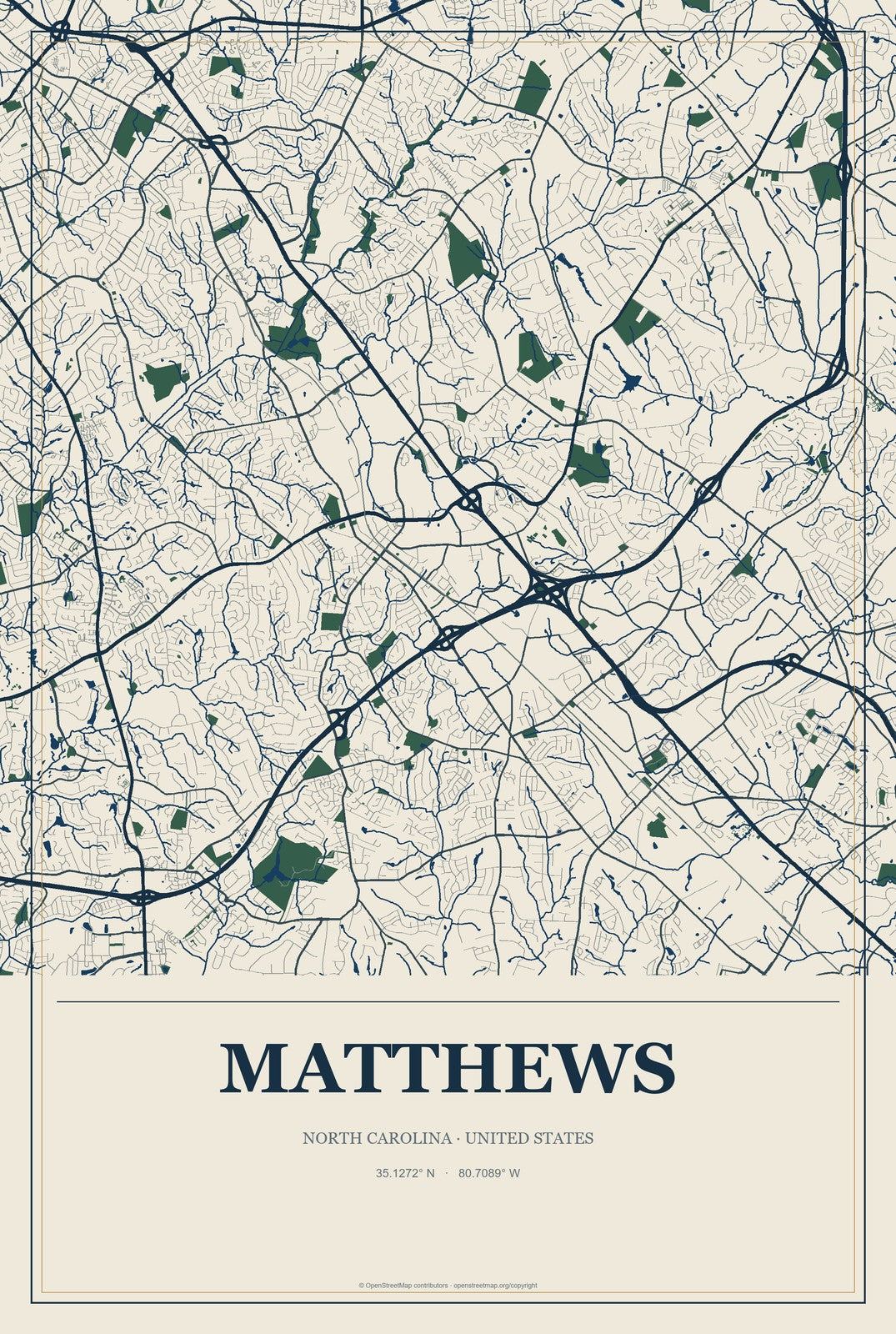 Matthews, North Carolina City Map Aluminum Sign in Coastal Cutout style