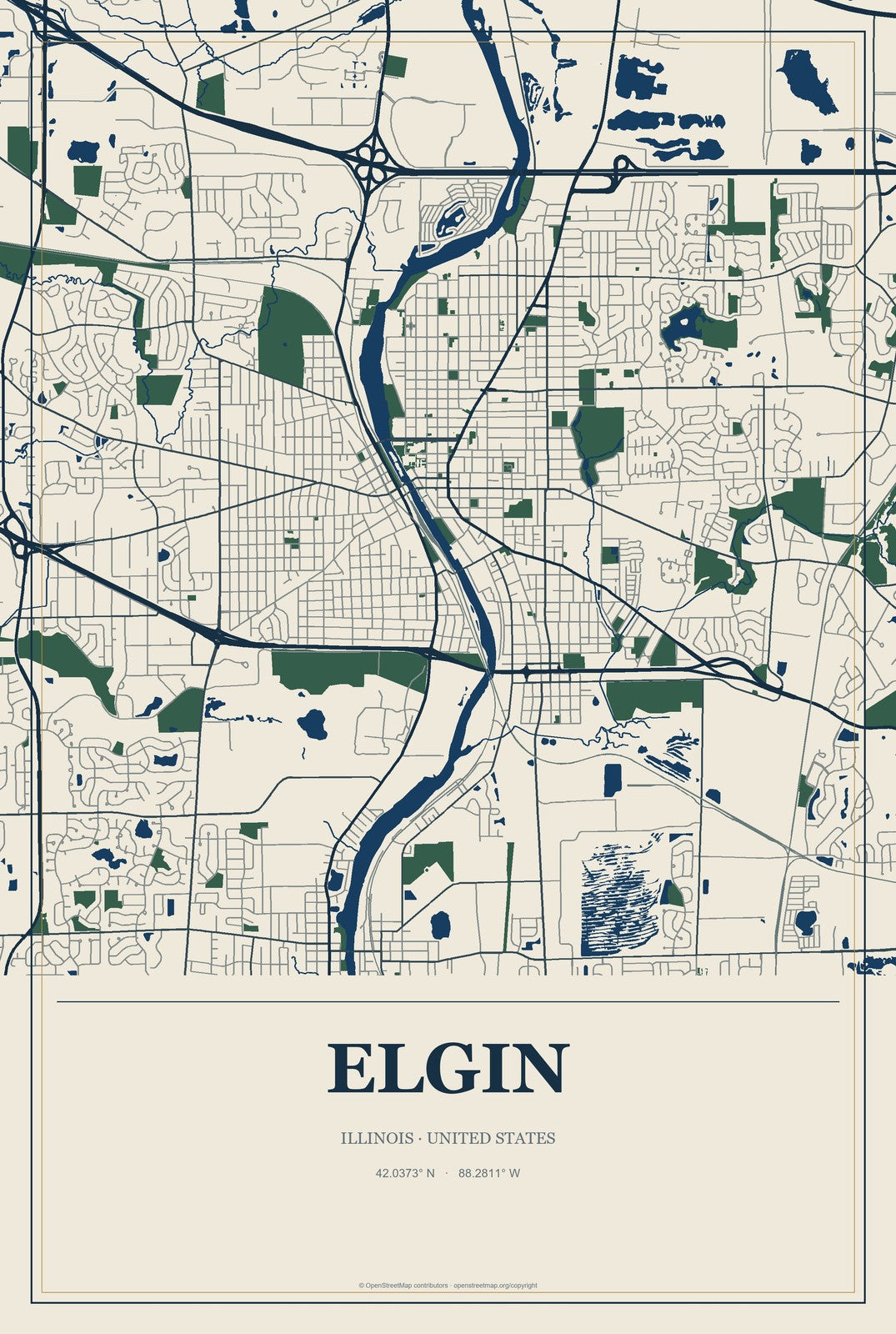 Elgin, Illinois City Map Aluminum Sign in Coastal Cutout style