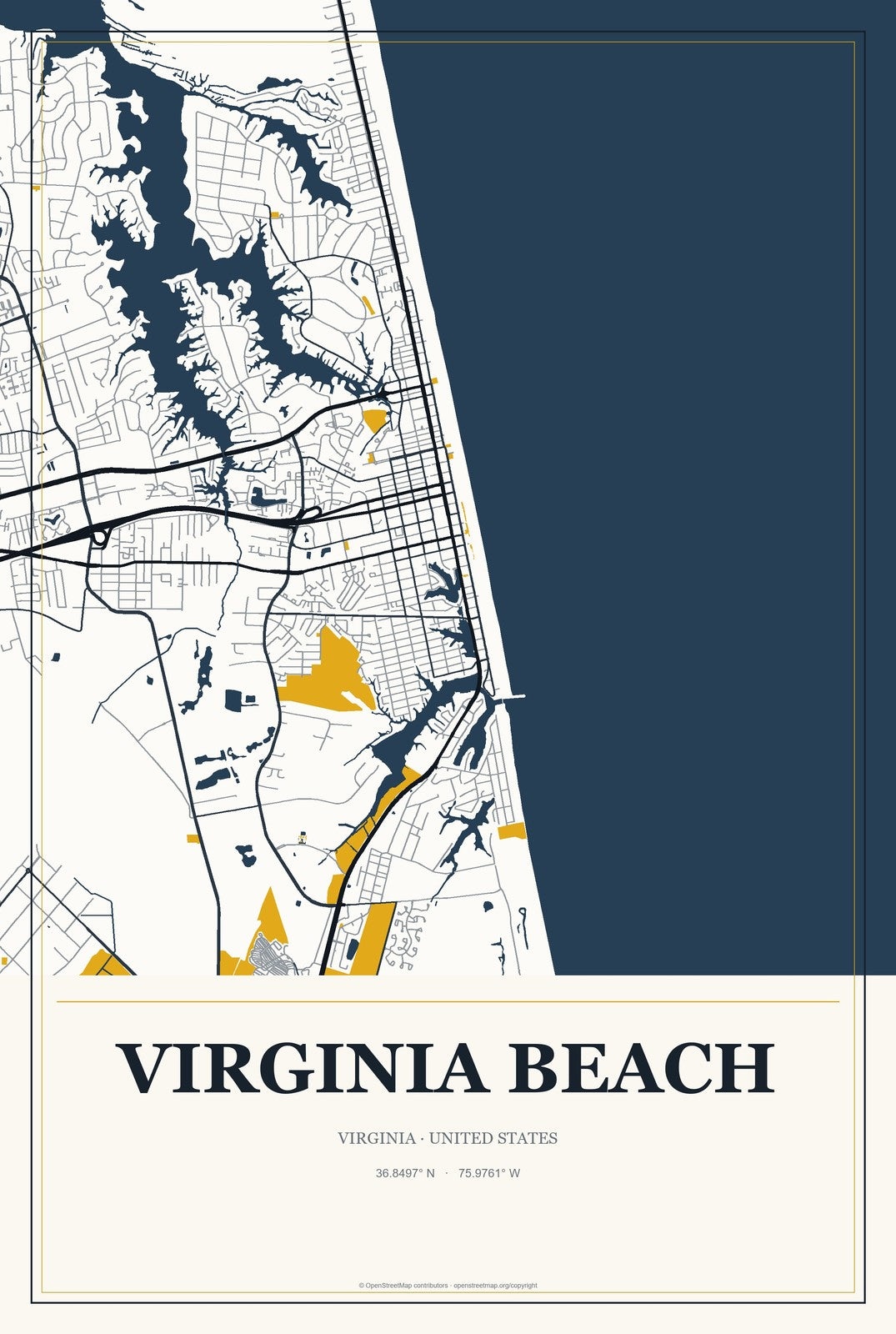 Virginia Beach, Virginia City Map Aluminum Sign in Citrine Modern style