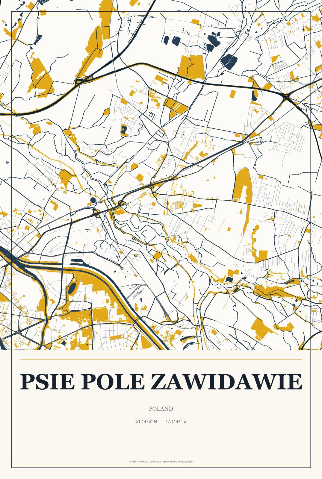 Psie Pole Zawidawie, Poland City Map Aluminum Sign in Citrine Modern style