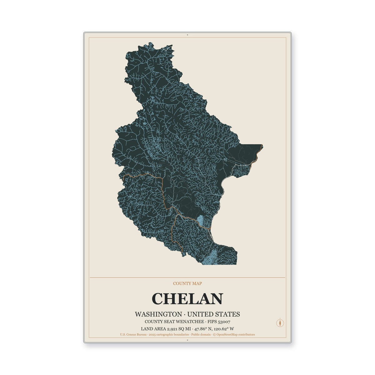 Chelan County, Washington Map Aluminum Sign in Headline Atlas style