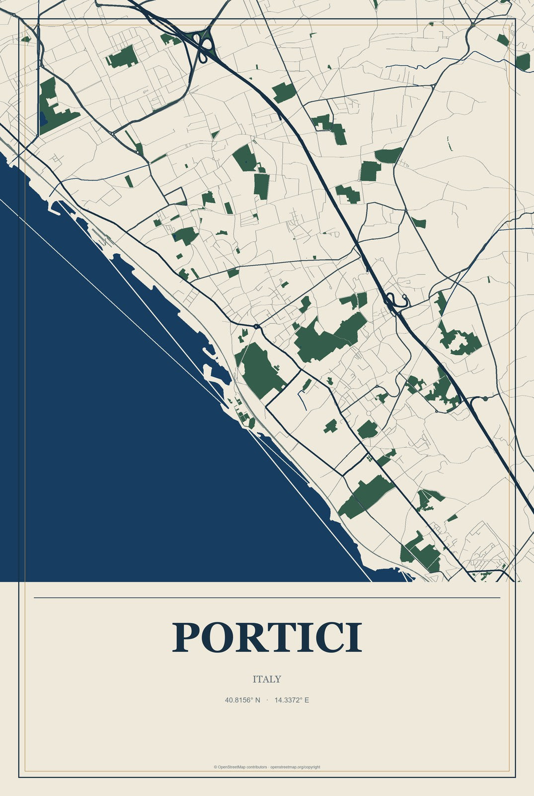Portici, Italy City Map Aluminum Sign in Coastal Cutout style