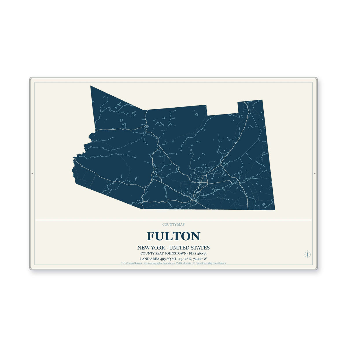 Fulton County, New York Map Aluminum Sign in Coastal Cutout style