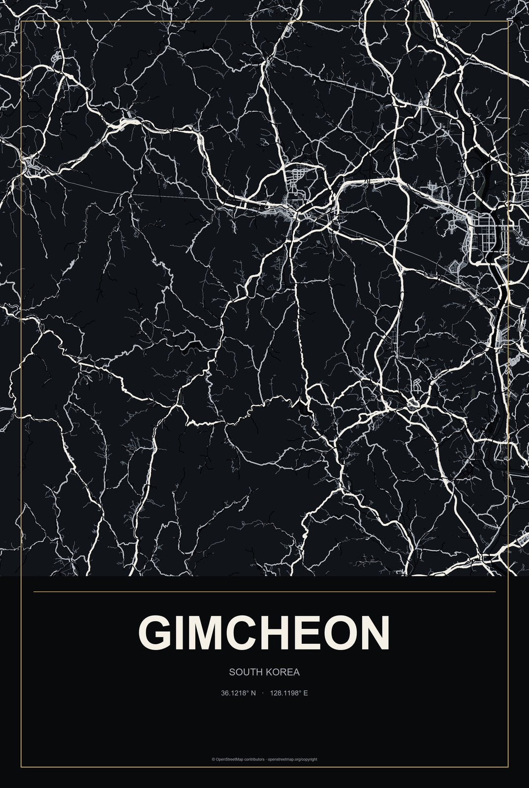 Gimcheon, South Korea City Map Aluminum Sign in Metropolitan Noir style