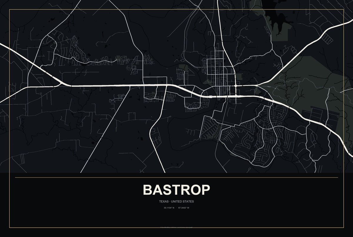 Bastrop, Texas City Map Aluminum Sign in Metropolitan Noir style