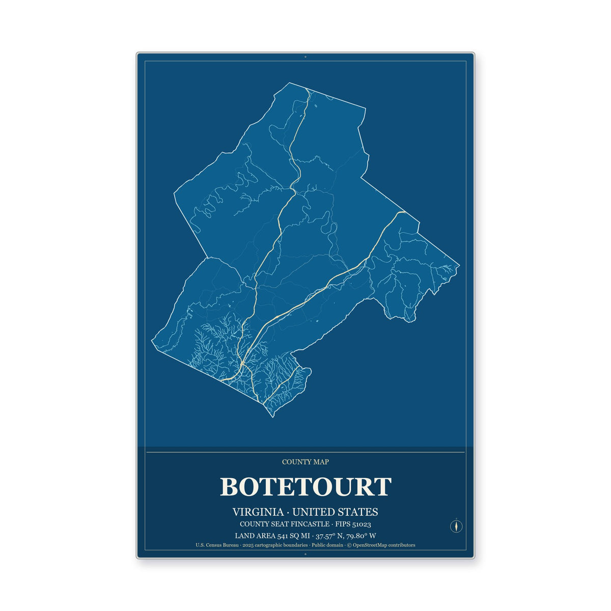 Botetourt County, Virginia Map Aluminum Sign in Harbor Cobalt style