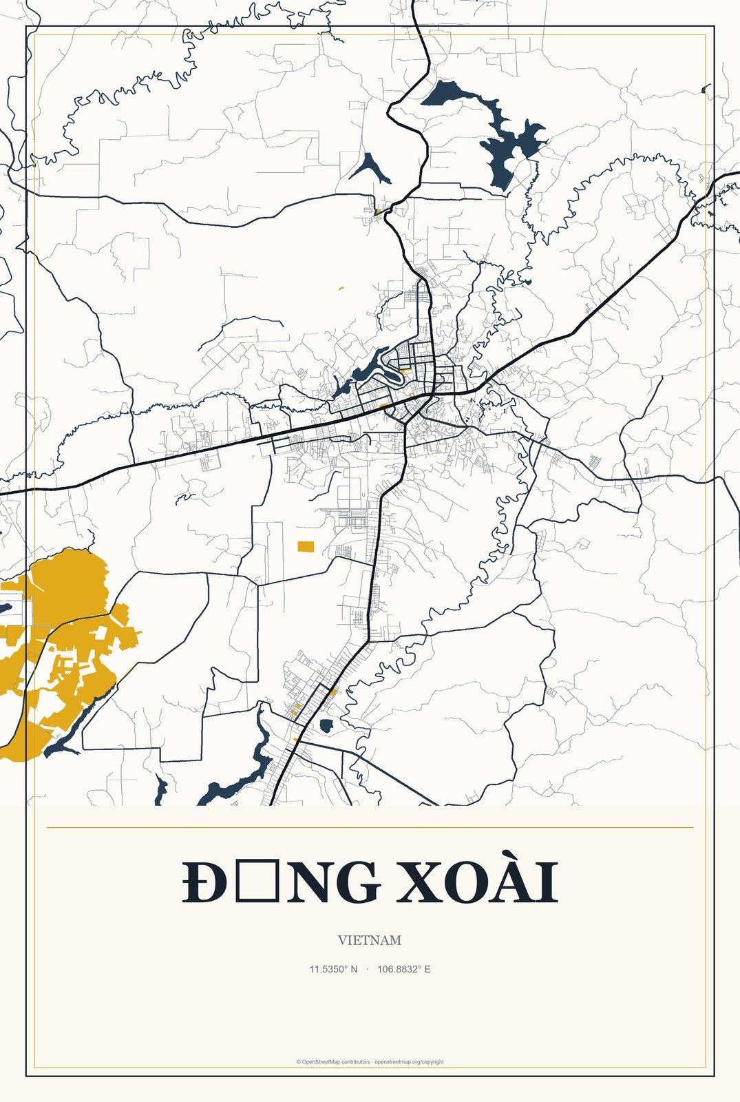 Đồng Xoài, Vietnam City Map Aluminum Sign in Citrine Modern style