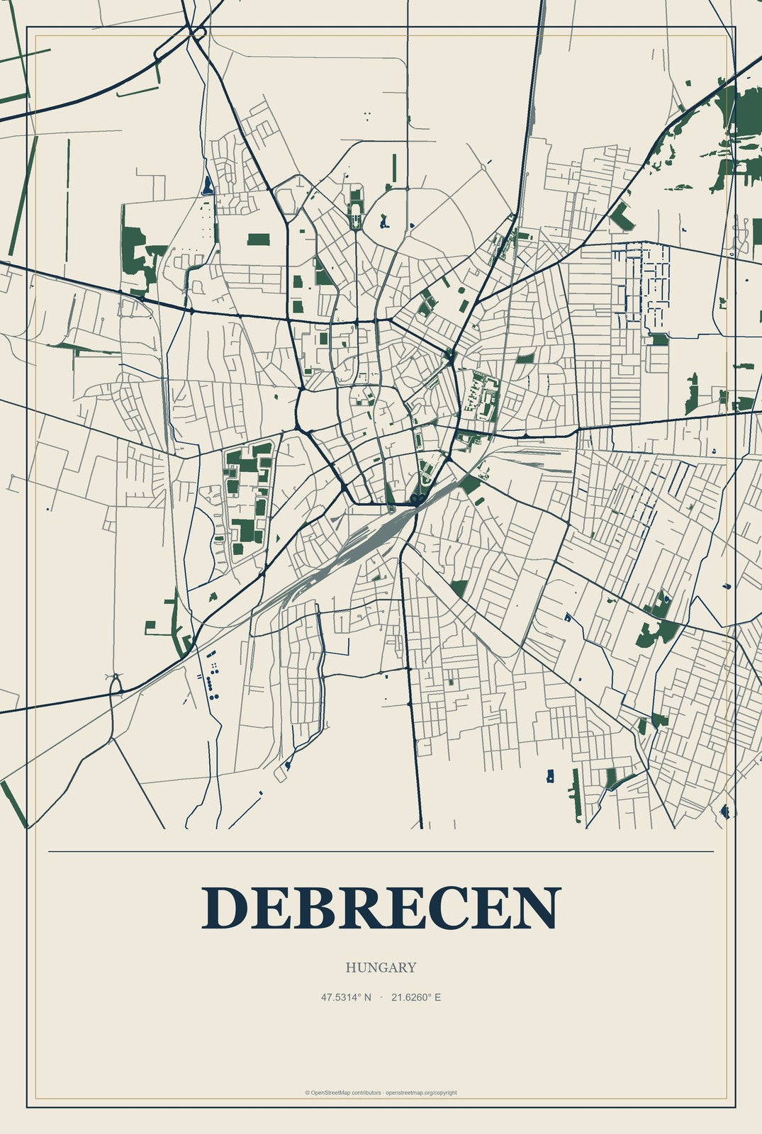 Debrecen, Hungary City Map Aluminum Sign in Coastal Cutout style