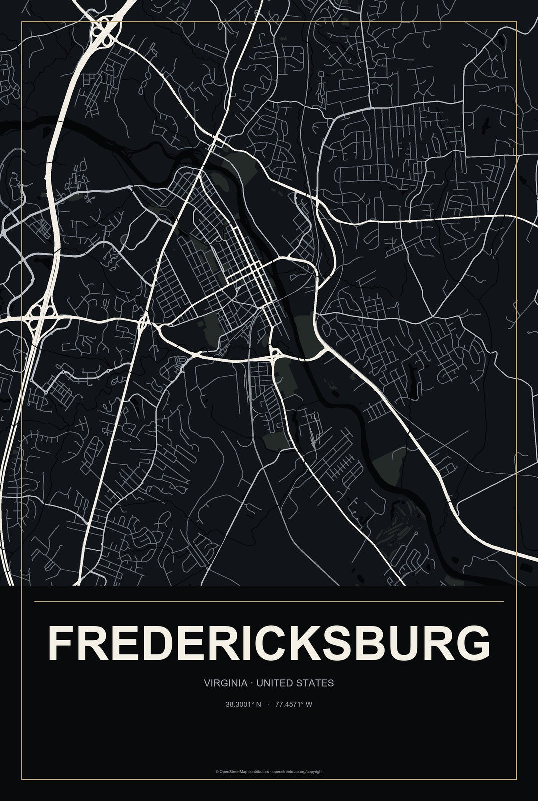 Fredericksburg, Virginia City Map Aluminum Sign in Metropolitan Noir style