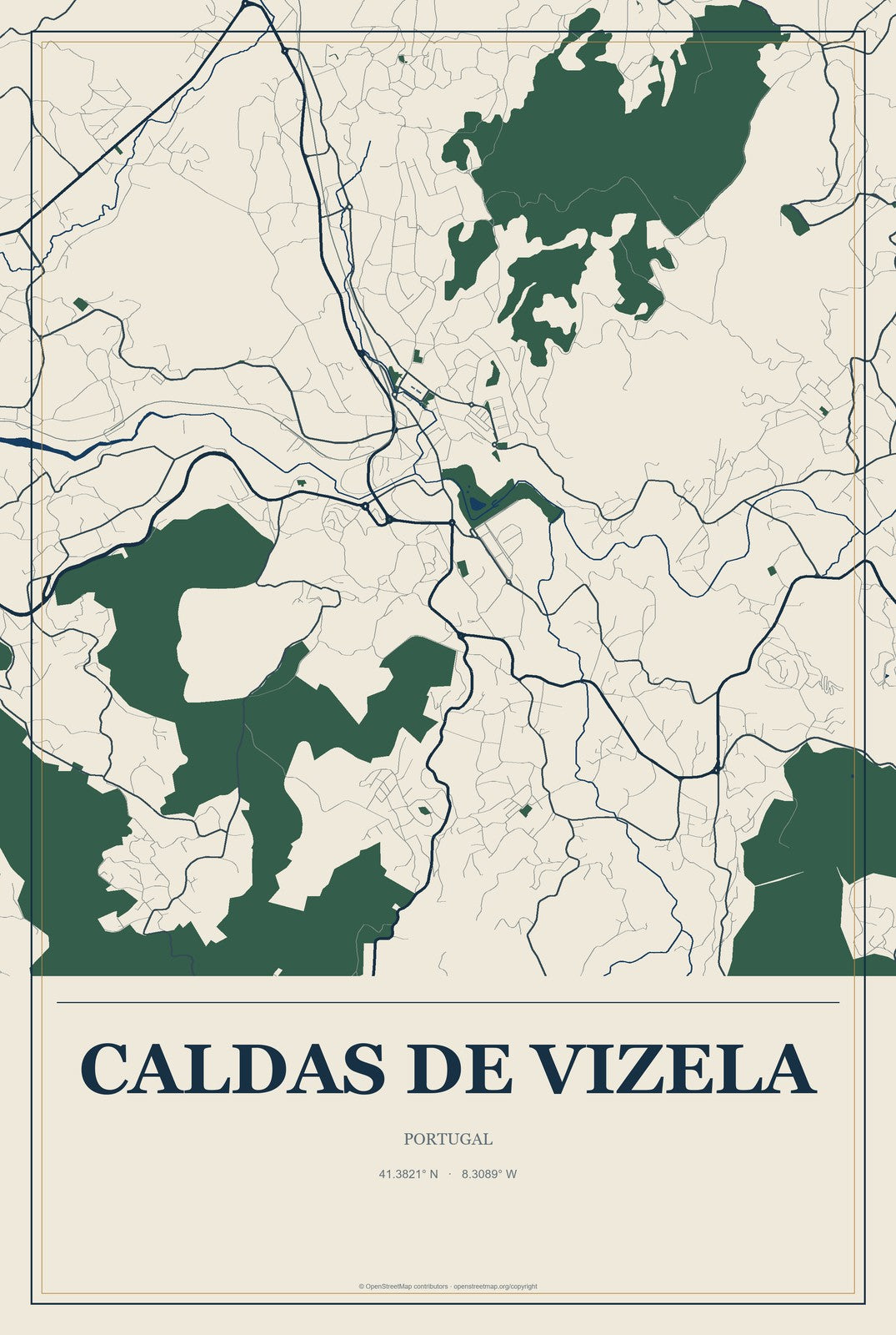 Caldas de Vizela, Portugal City Map Aluminum Sign in Coastal Cutout style