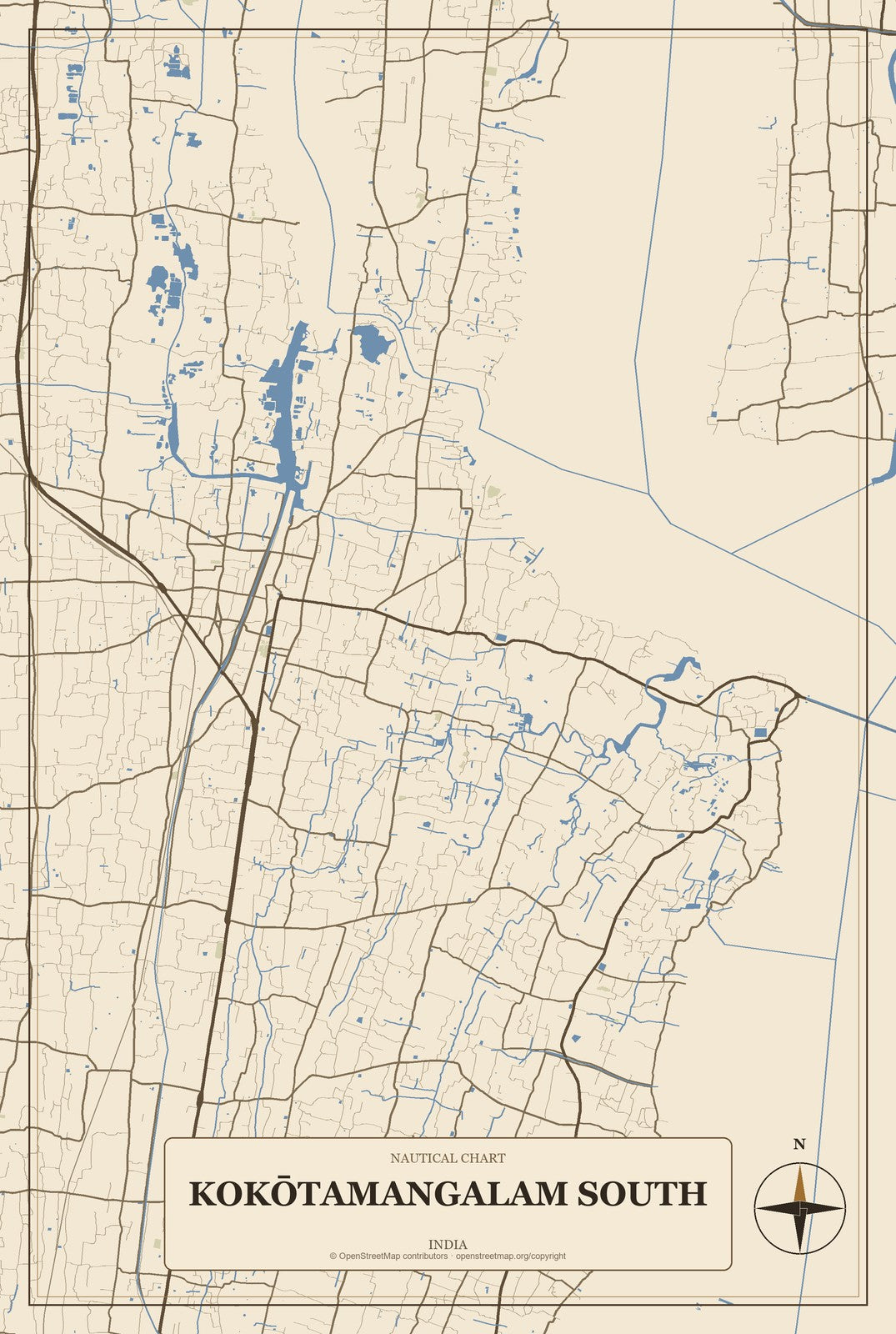 Kokōtamangalam South, India City Map Aluminum Sign in Heritage Nautical style
