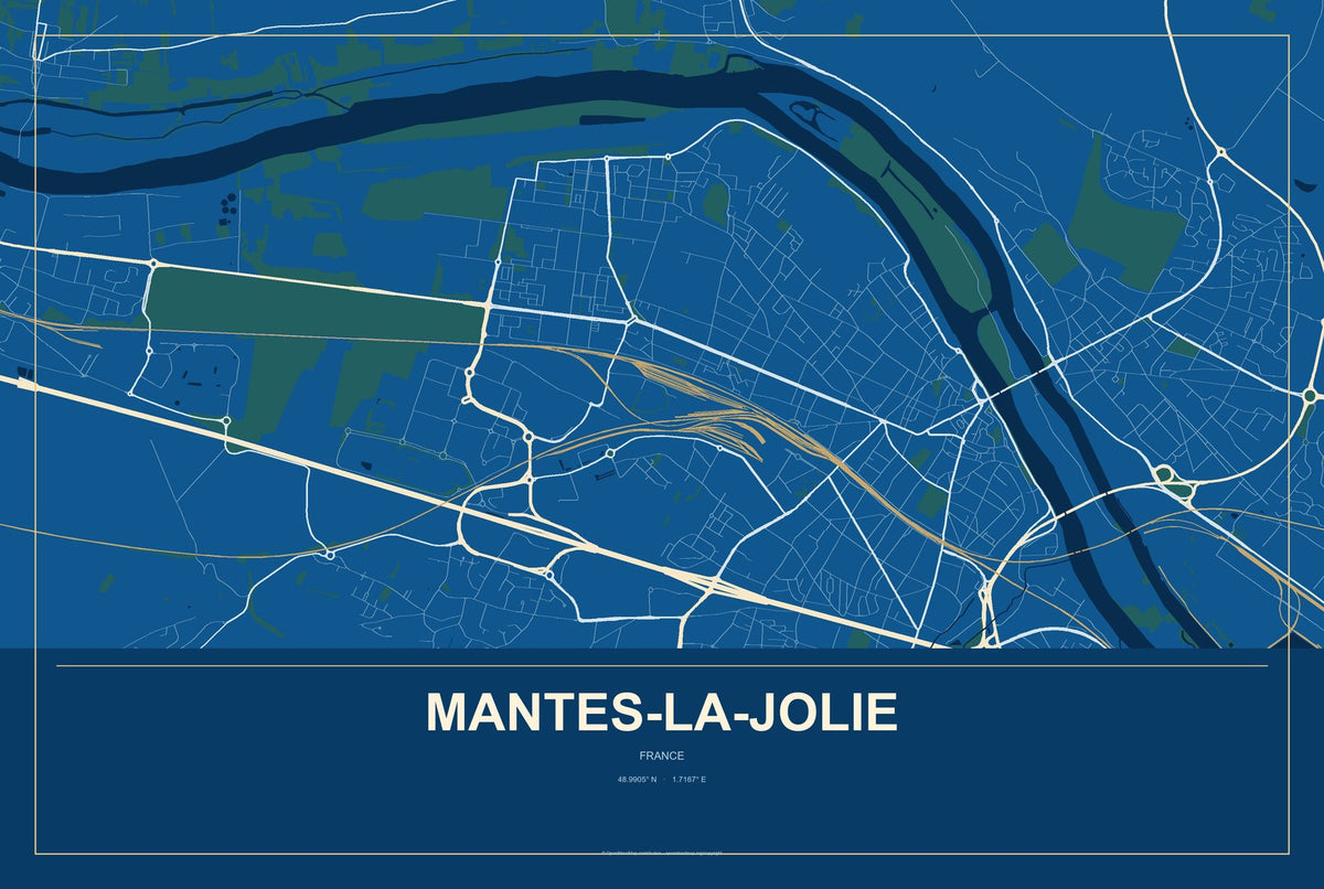 Mantes-la-Jolie, France City Map Aluminum Sign in Harbor Cobalt style