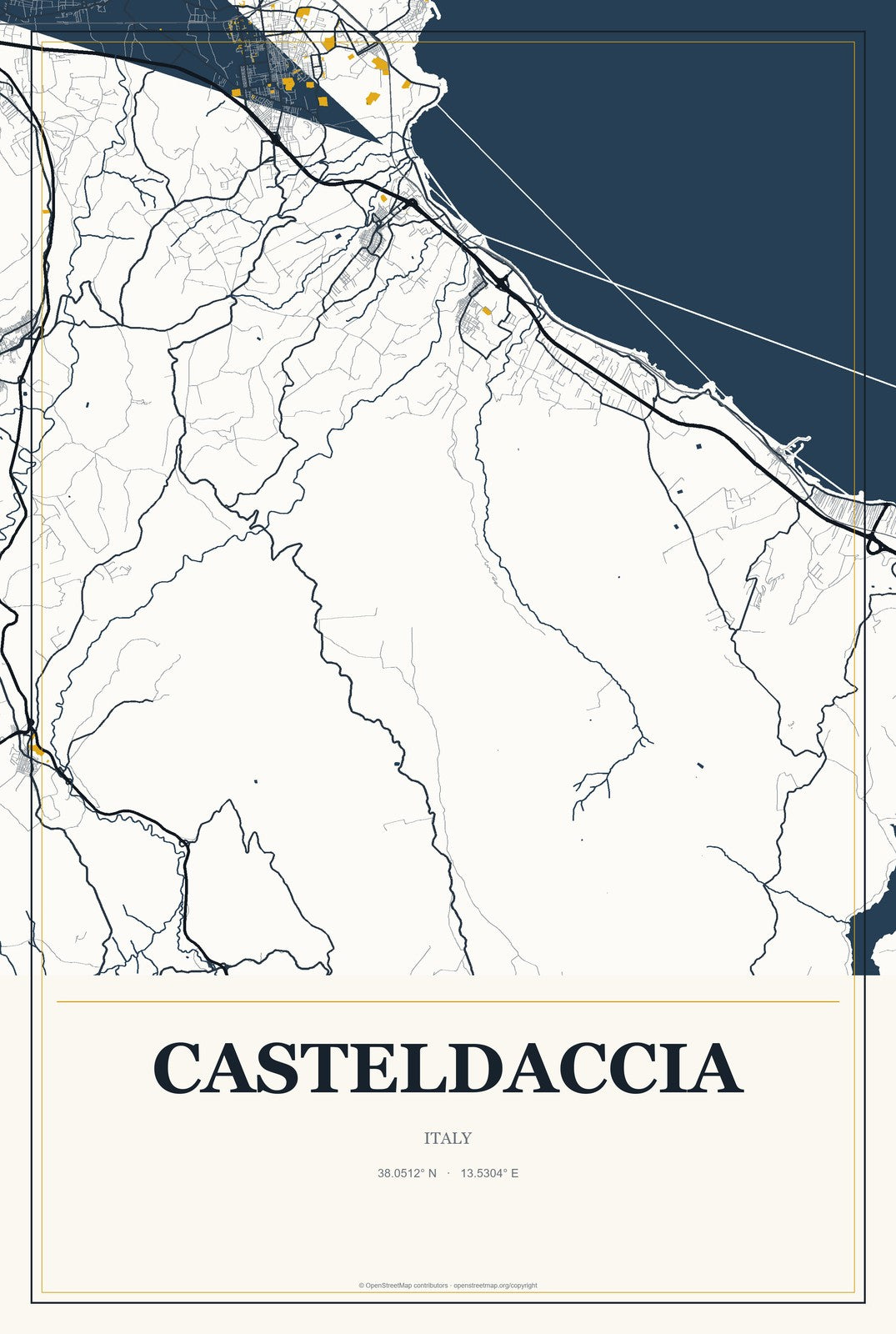 Casteldaccia, Italy City Map Aluminum Sign in Citrine Modern style